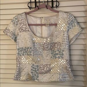 Vie by Victoria Royal Multicolor Embellished Sequin Bead Crop Blouse Cap Sleeves